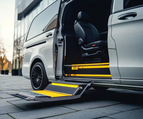 Wheelchair accessible taxi with ramp lowered for passenger entry in Keysborough